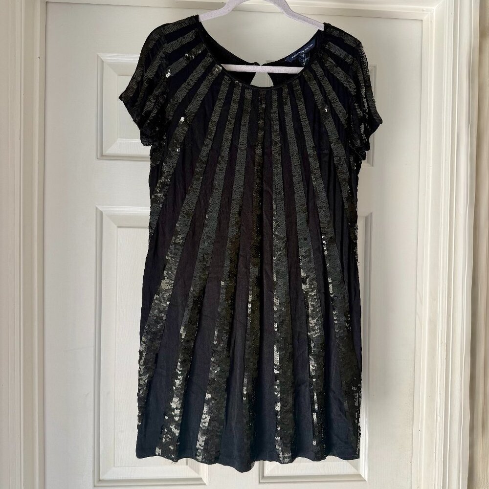 French Connection Black Sequin Stripe Shift Dress-Size 10